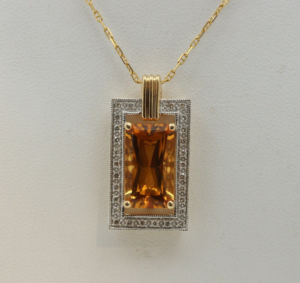 Vintage Emerald Cut Citrine Diamonds 14K Yellow Gold Pendant