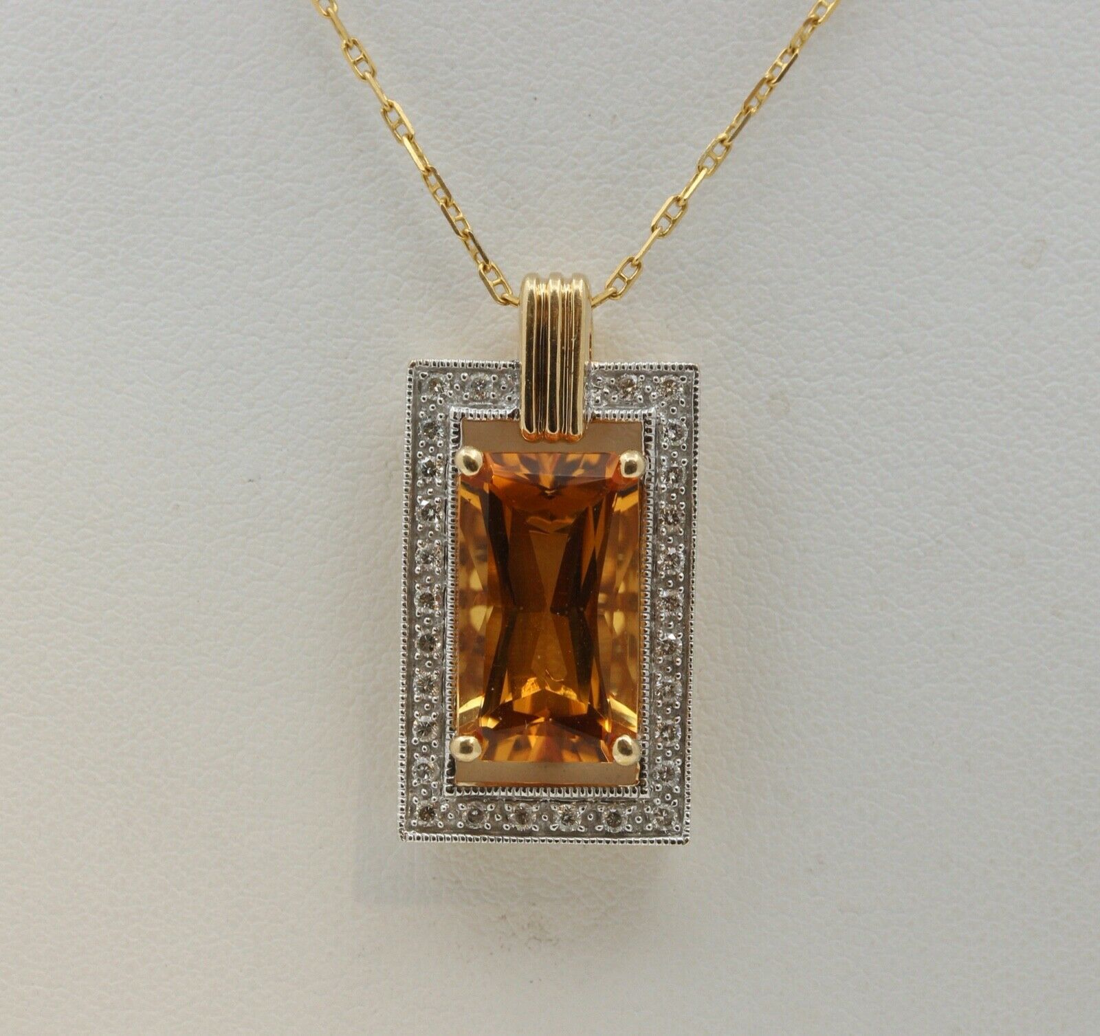 Vintage Emerald Cut Citrine Diamonds 14K Yellow Gold Pendant