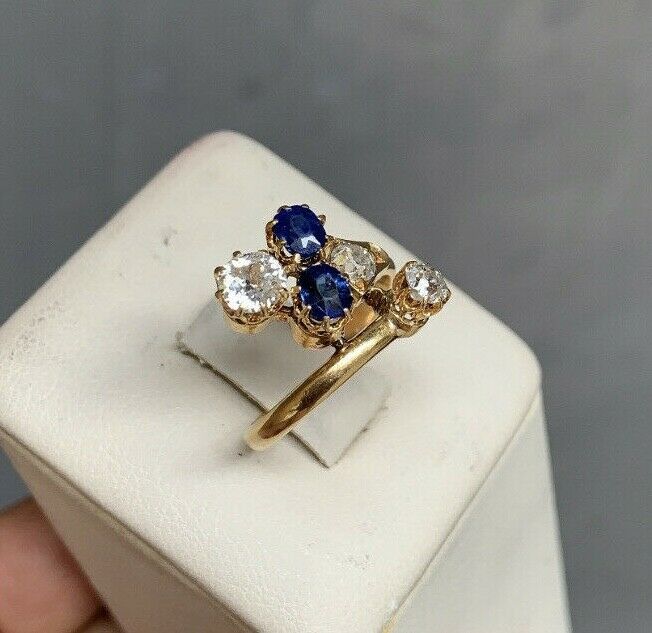 Vintage 18K Gold Chunky Old Mine Cut Diamond & Sapphire Snake Wrap Bypass Ring.