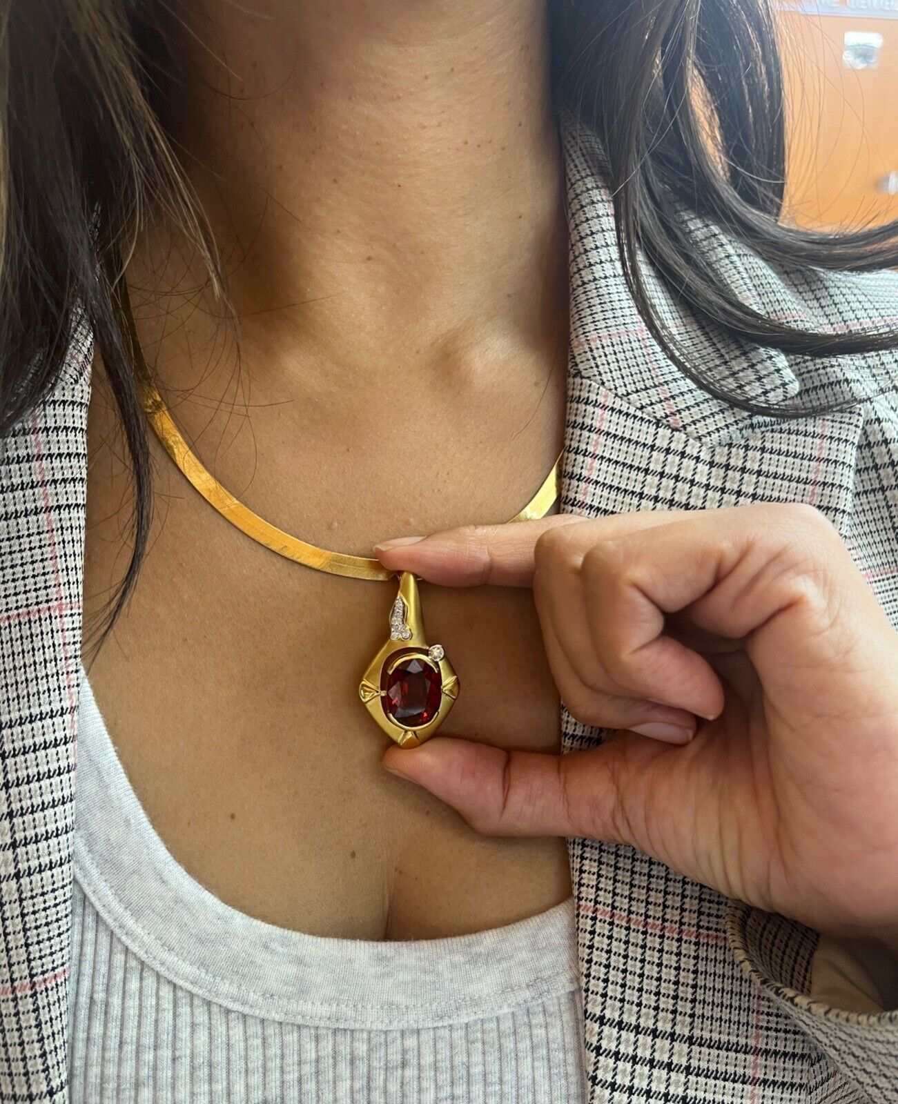 Vintage Funky 18K Gold Certified Large Spessartite Garnet & Diamond Pendant