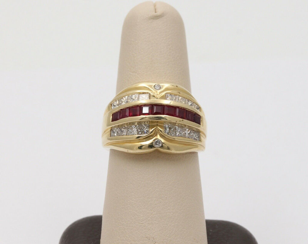 Vintage Chunky Table Cut Rubies Diamonds 14K Yellow Gold Ring