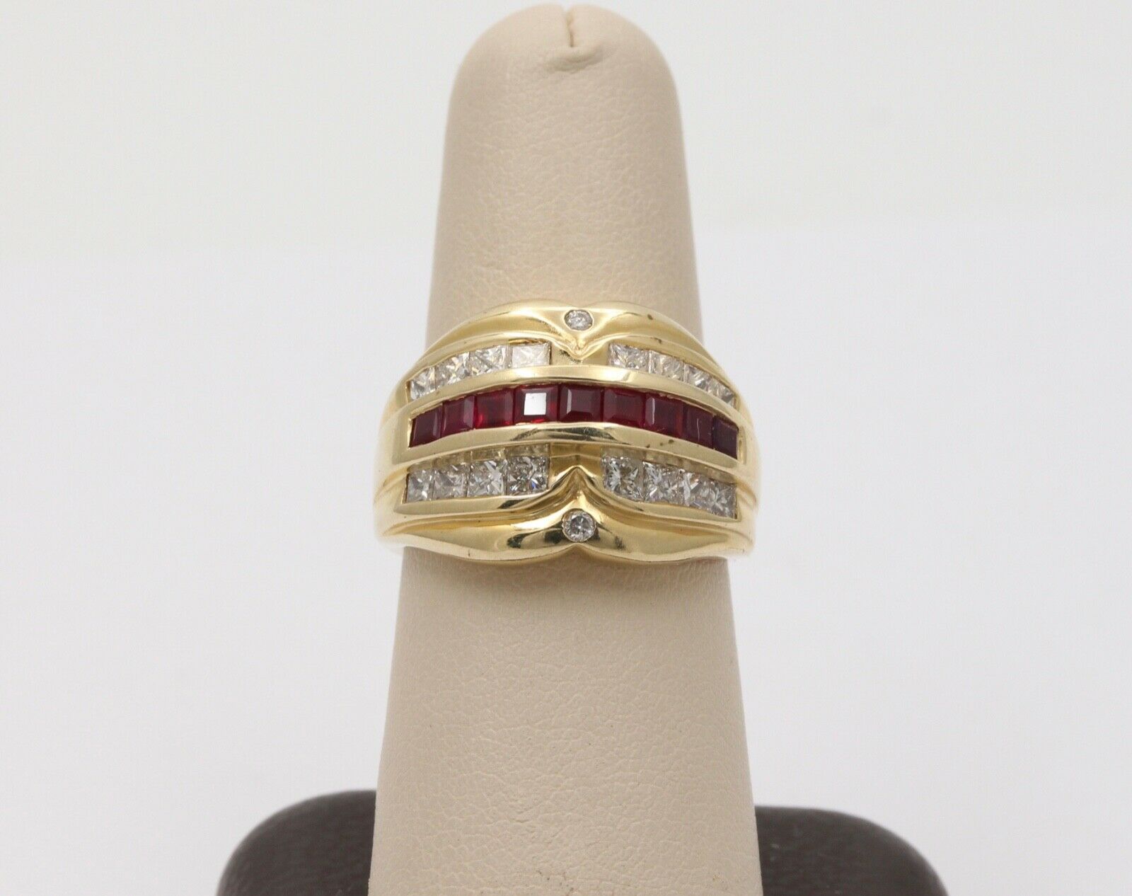 Vintage Chunky Table Cut Rubies Diamonds 14K Yellow Gold Ring