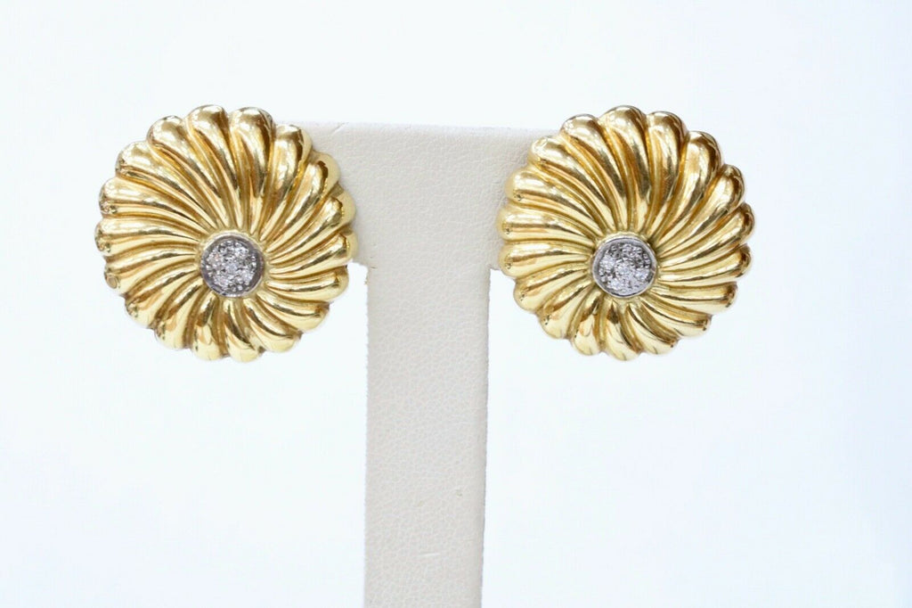 Vintage Diamonds 18K Yellow White Gold Chrysanthemum Flower Earrings