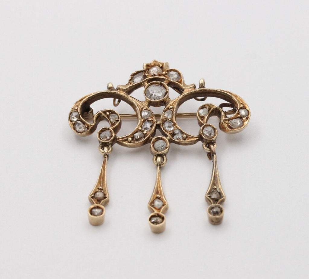Elegant Victorian Rose Cut Diamonds 14K Yellow Gold Brooch Pendant