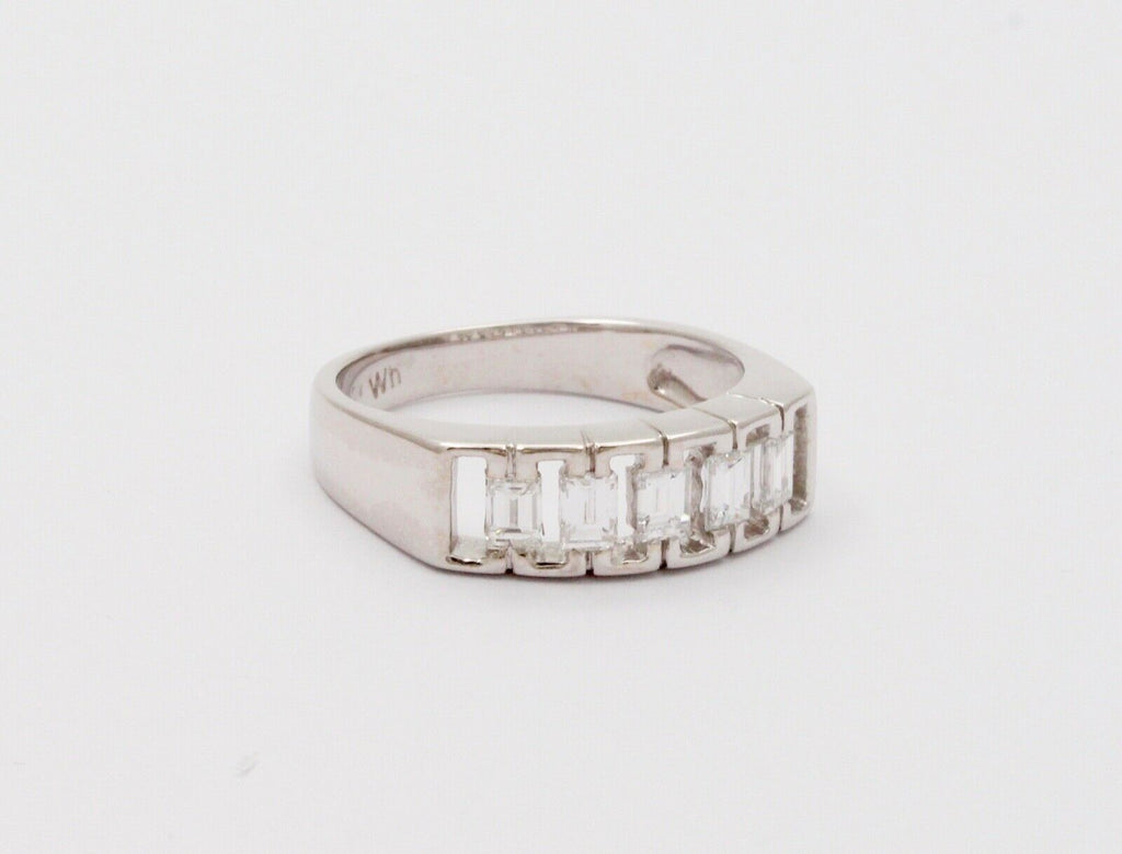 Vintage Emerald Cut Diamond Half Eternity 18K White Gold Ring Band