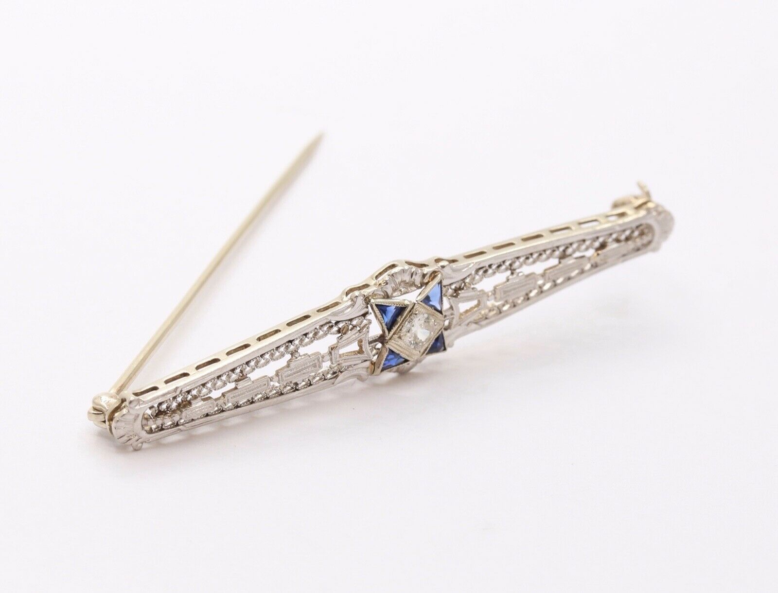 Art Deco Diamond Sapphires 14K White Gold Bar Pin Brooch