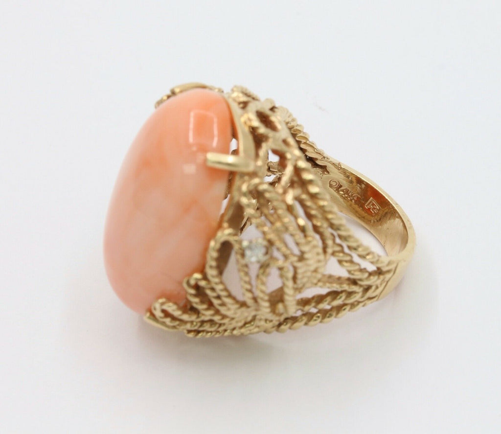 Huge Cabochon Angel Skin Coral Diamonds 14K Yellow Gold Ring