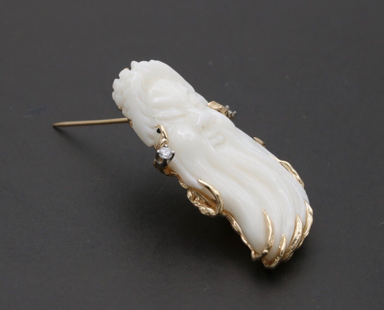 Vintage Carved White Coral Immortal Diamond 14K Yellow Gold Brooch