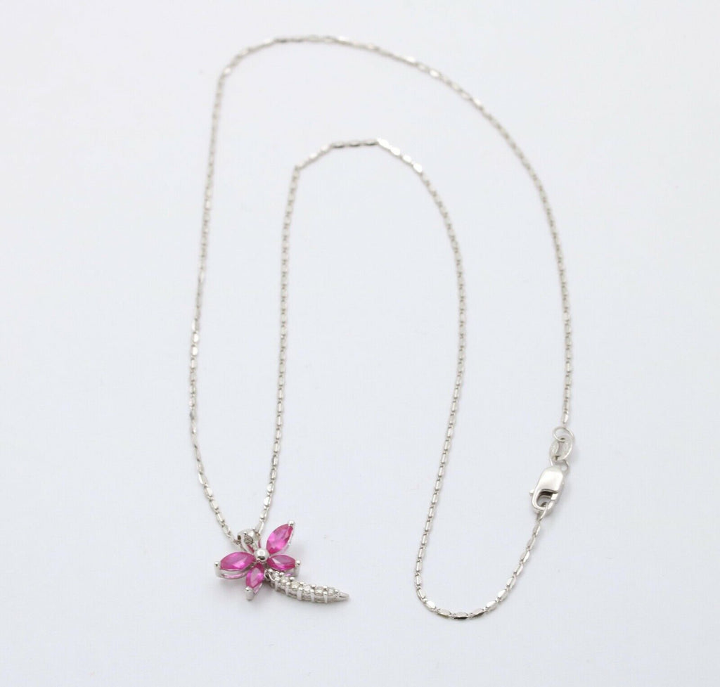 Sweet 14K White Gold Ruby Diamond Dragonfly Pendant Necklace