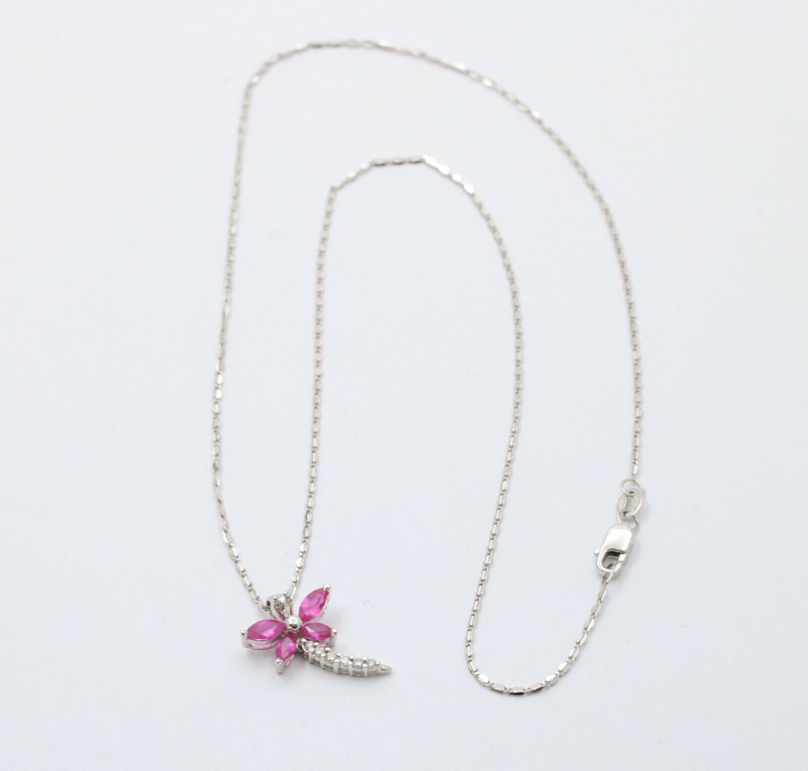 Sweet 14K White Gold Ruby Diamond Dragonfly Pendant Necklace