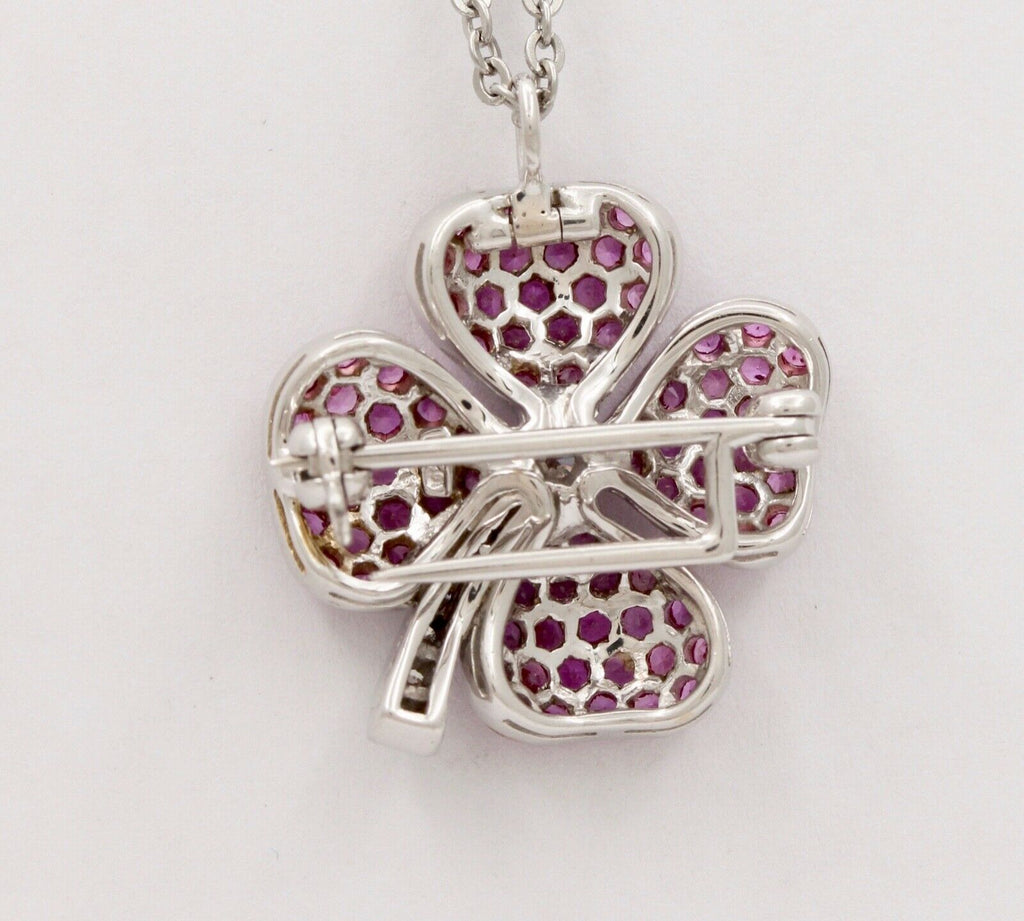 Vintage Four Leaf Clover Rubies Diamonds 14K White Gold Pendant Brooch Pin