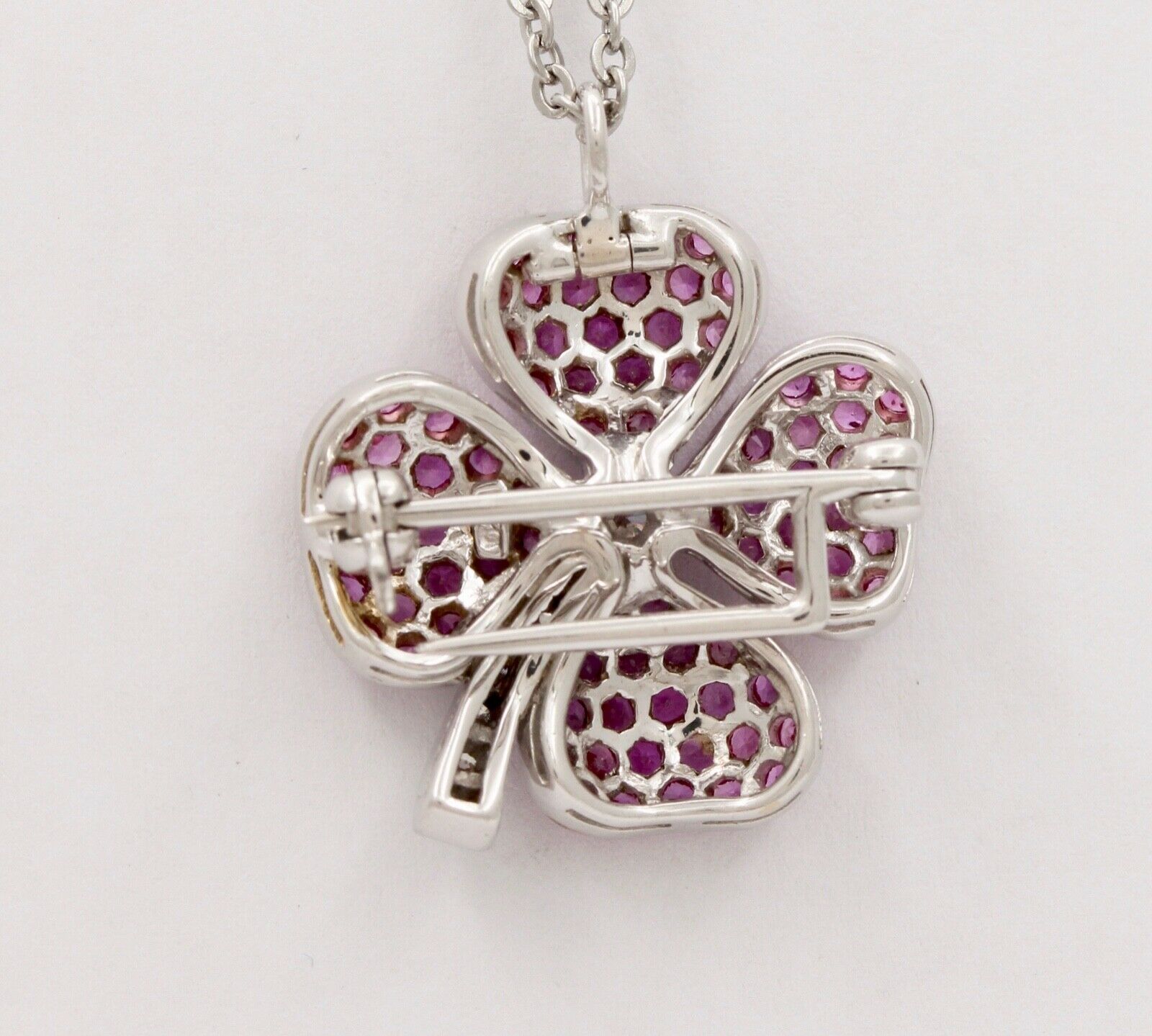 Vintage Four Leaf Clover Rubies Diamonds 14K White Gold Pendant Brooch Pin