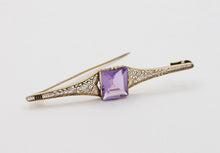 Load image into Gallery viewer, Antique Art Deco Amethyst 10K Yellow Gold Filigree Bar Pin
