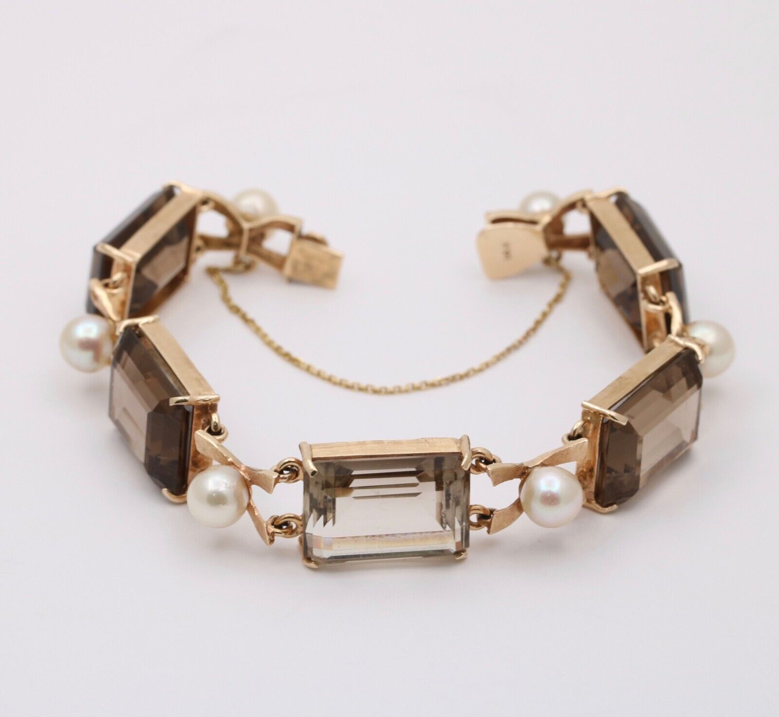 Vintage 14K Yellow Gold Smoky Topaz & Pearl Bracelet