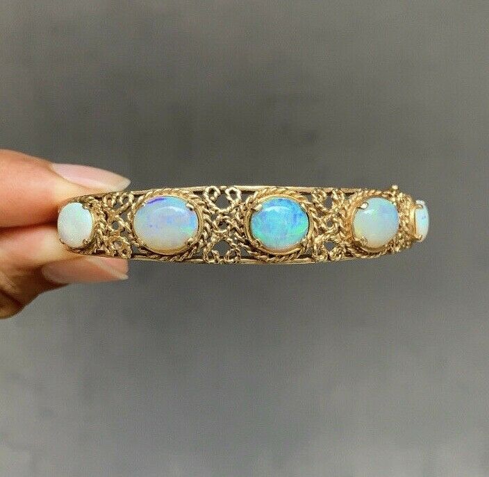Vintage 14K Gold Rope Knot 5 Opal Bangle, Bracelet.