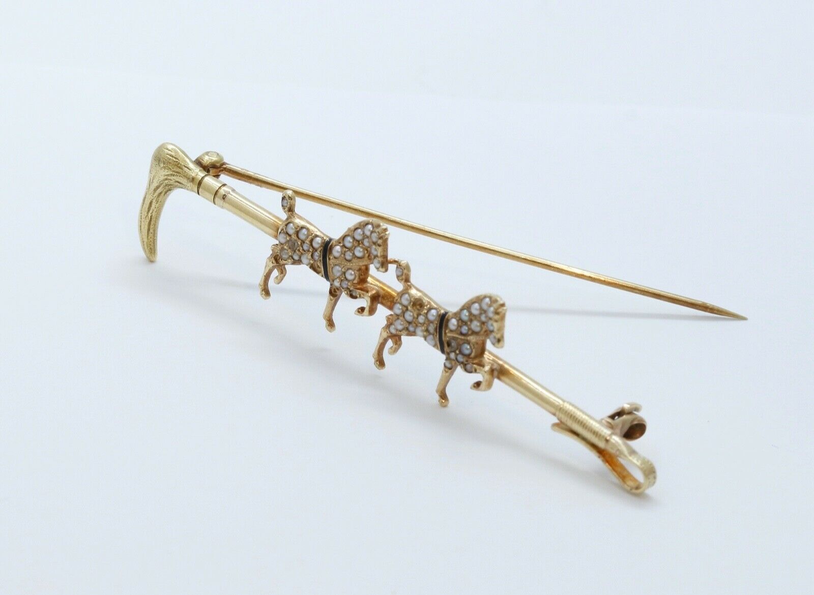 Victorian Horse and Crop 14K Yellow Gold Seed Pearls Brooch Pin