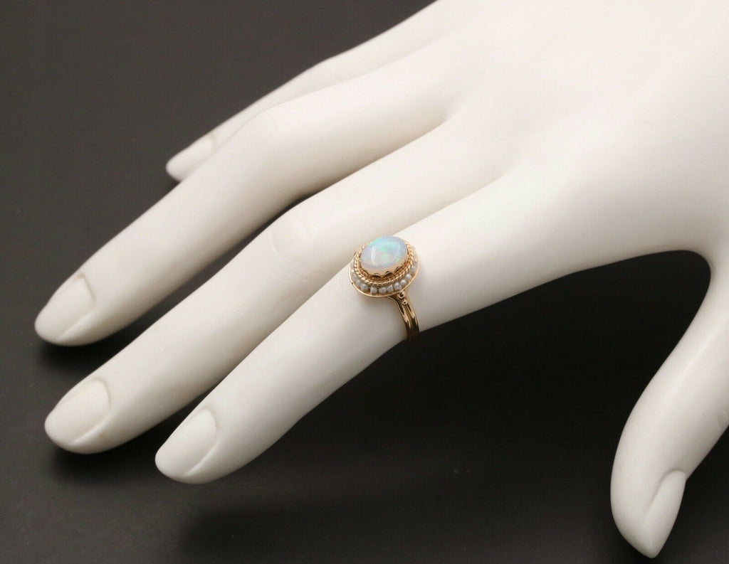 Vintage 14K Yellow Gold Opal Pearl Halo Ring, Statement Ring.