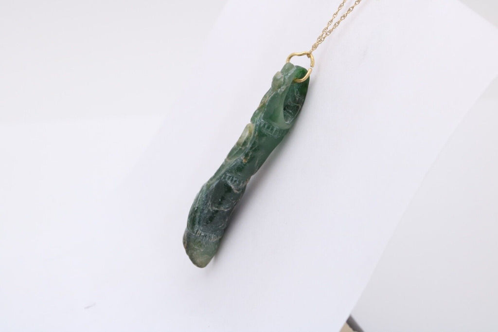 Antique Hand Carved Jade Bamboo 18K Yellow Gold Pendant