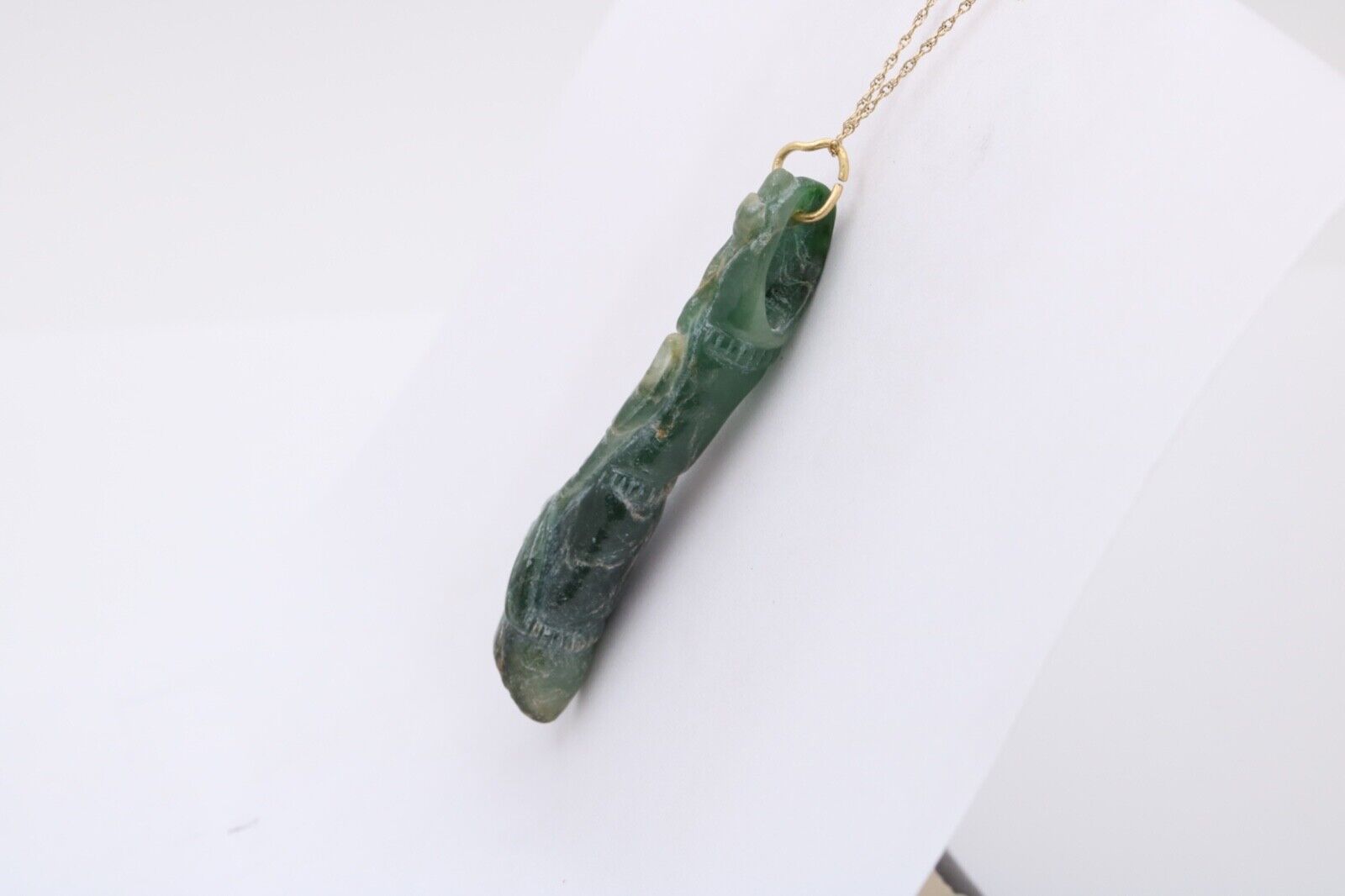 Antique Hand Carved Jade Bamboo 18K Yellow Gold Pendant