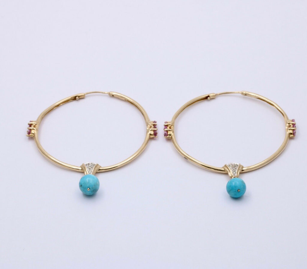 Light Weight 10K Gold Turquoise & pink Topaz , Diamond Large Hoop Earrings