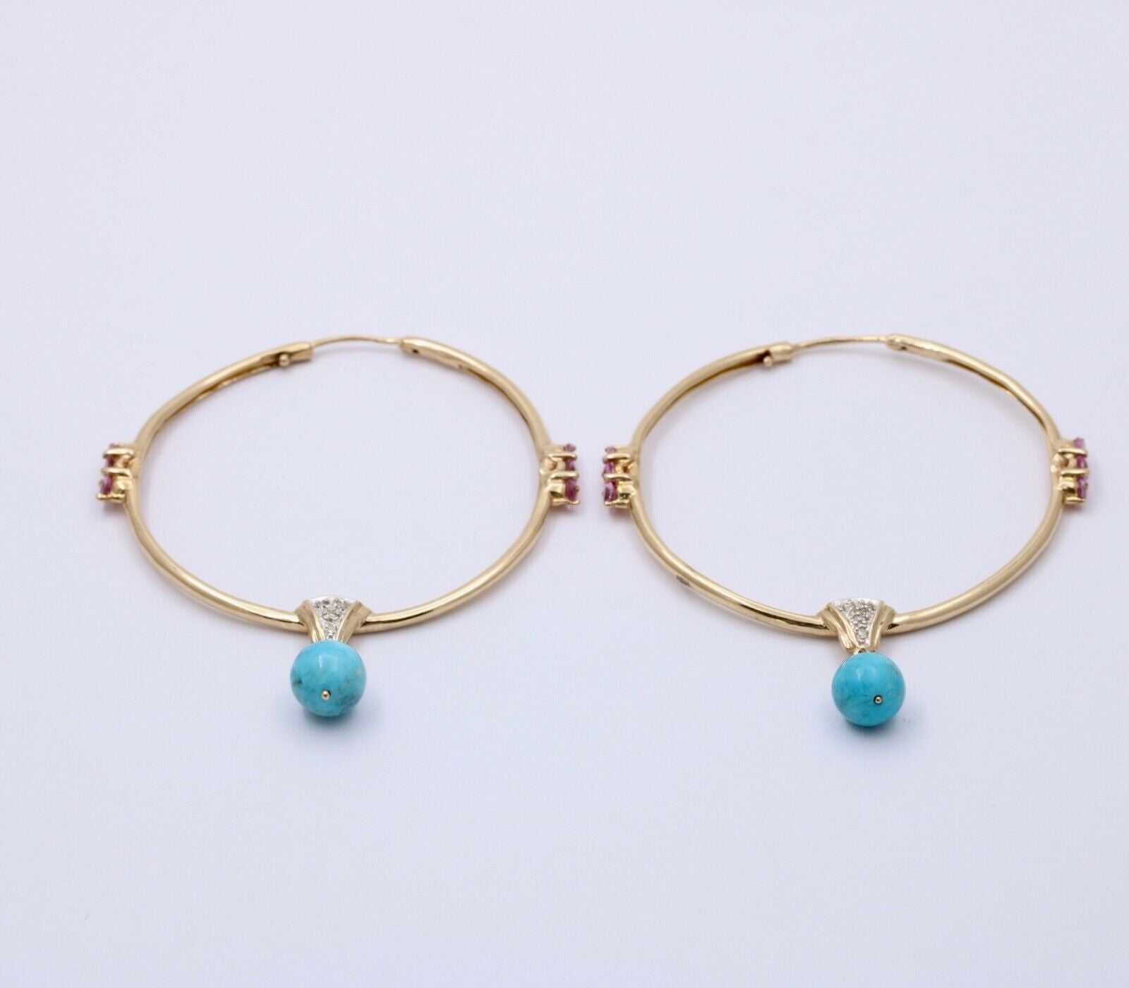 Light Weight 10K Gold Turquoise & pink Topaz , Diamond Large Hoop Earrings