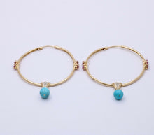 Load image into Gallery viewer, Light Weight 10K Gold Turquoise &amp; pink Topaz , Diamond Large Hoop Earrings
