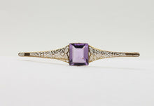 Load image into Gallery viewer, Antique Art Deco Amethyst 10K Yellow Gold Filigree Bar Pin
