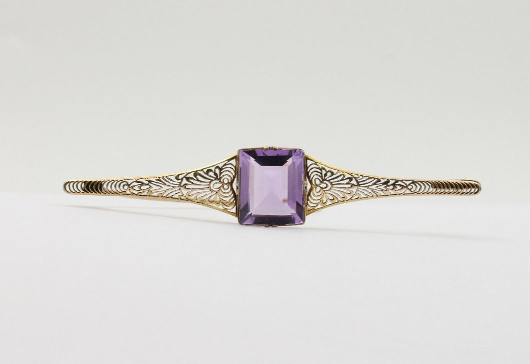 Antique Art Deco Amethyst 10K Yellow Gold Filigree Bar Pin