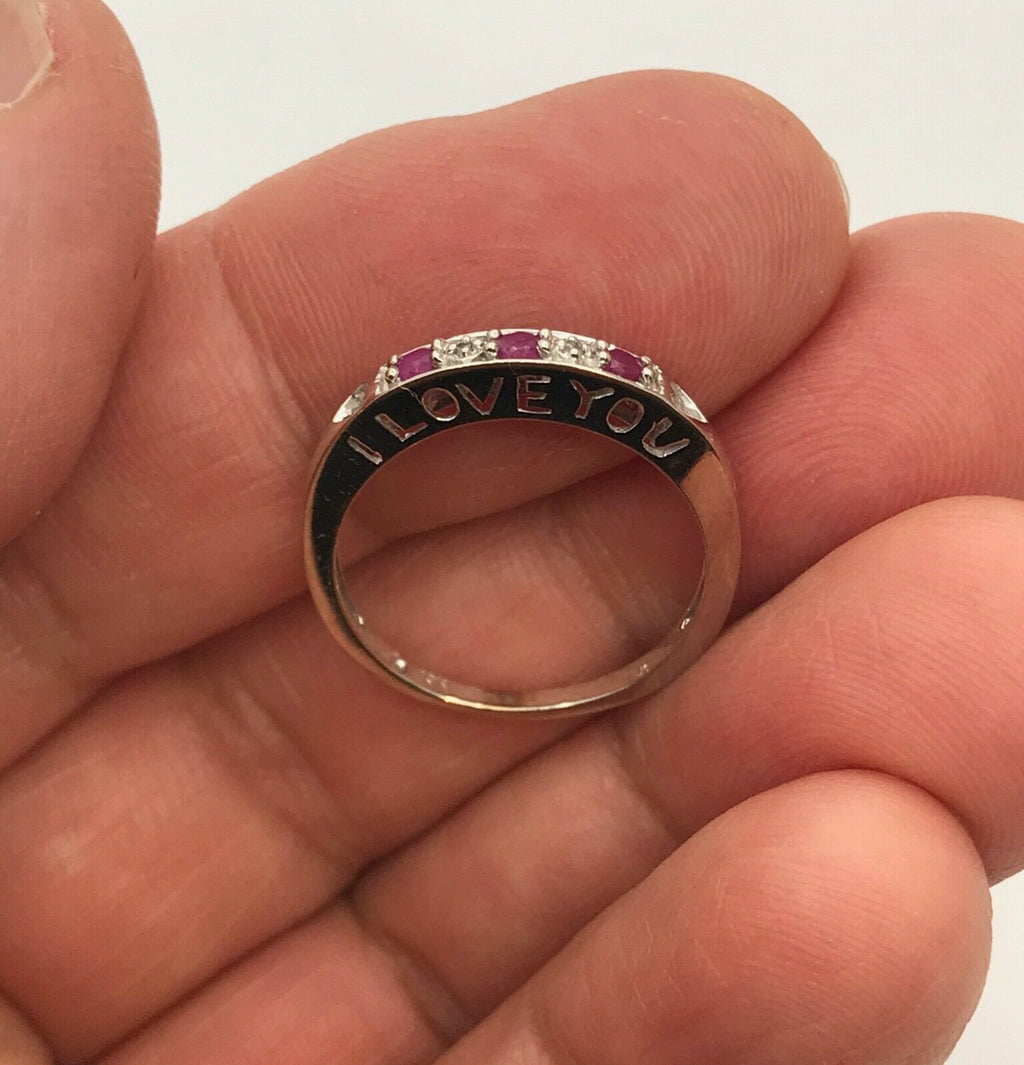 Vintage "I Love You" Ring with Rubies and Diamonds 10K White Gold with Hearts