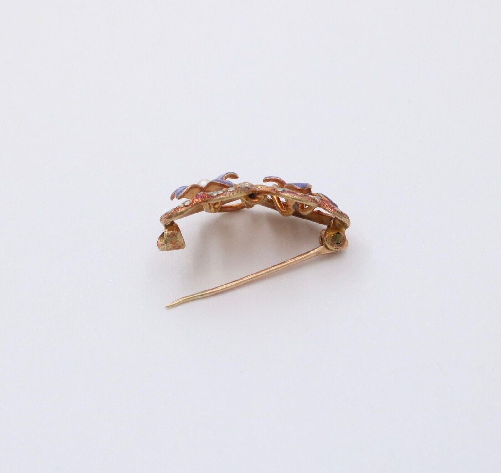 Edwardian 14K Pinkish Yellow Gold Clement Enamel Forget Me Not Brooch Pin