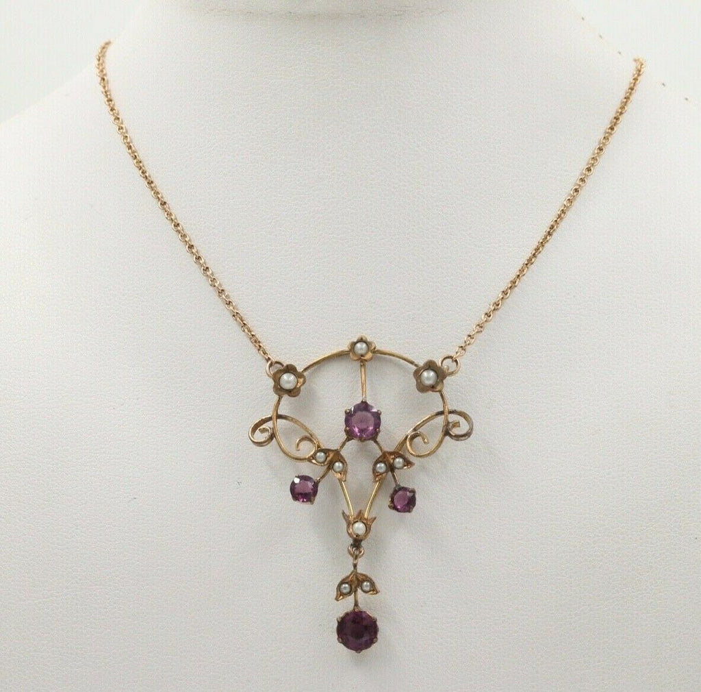 Art Nouveau 14K Gold Filed Amethyst & Split Pearl Pendant, Necklace.