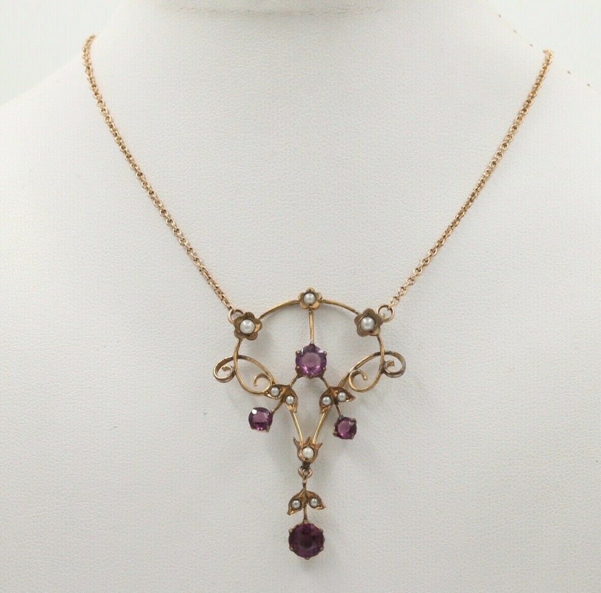 Art Nouveau 14K Gold Filed Amethyst & Split Pearl Pendant, Necklace.