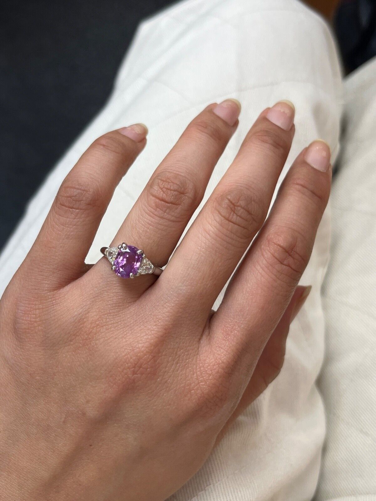 Classic Pink Sapphire and Half Moon Diamond 14K White Gold Ring, Engagement Ring