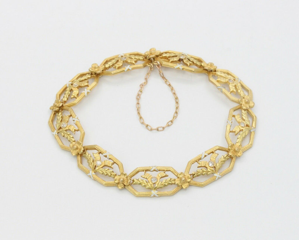 Art Nouveau Ladies 14K Enamel Leaves Ribbon Bracelet