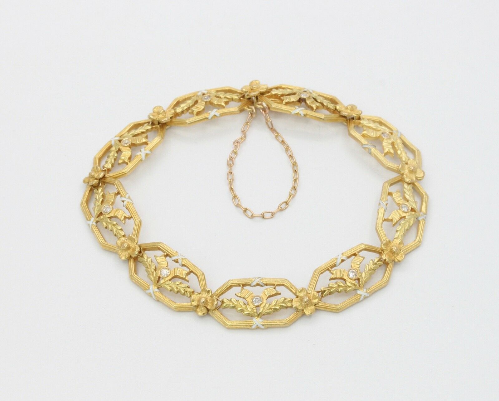 Art Nouveau Ladies 14K Enamel Leaves Ribbon Bracelet