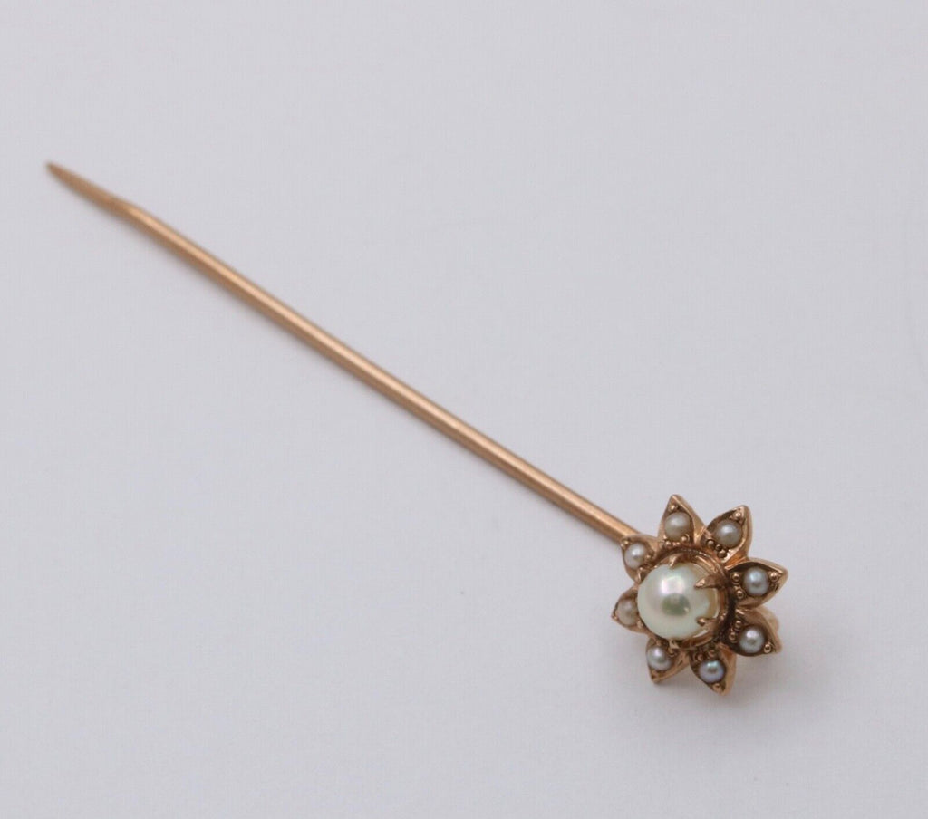 Antique 14K Yellow Gold Pearls Flower Stick Pin