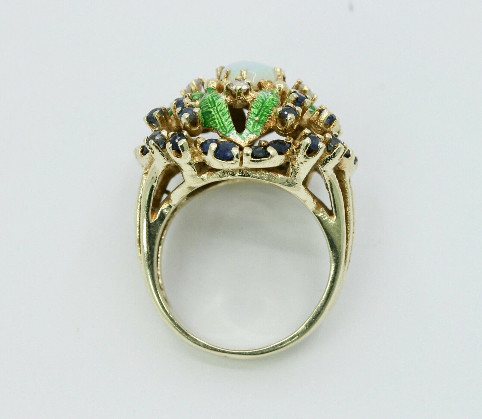 Vintage Cluster Ring 14K Yellow Gold Opal Sapphires Diamonds