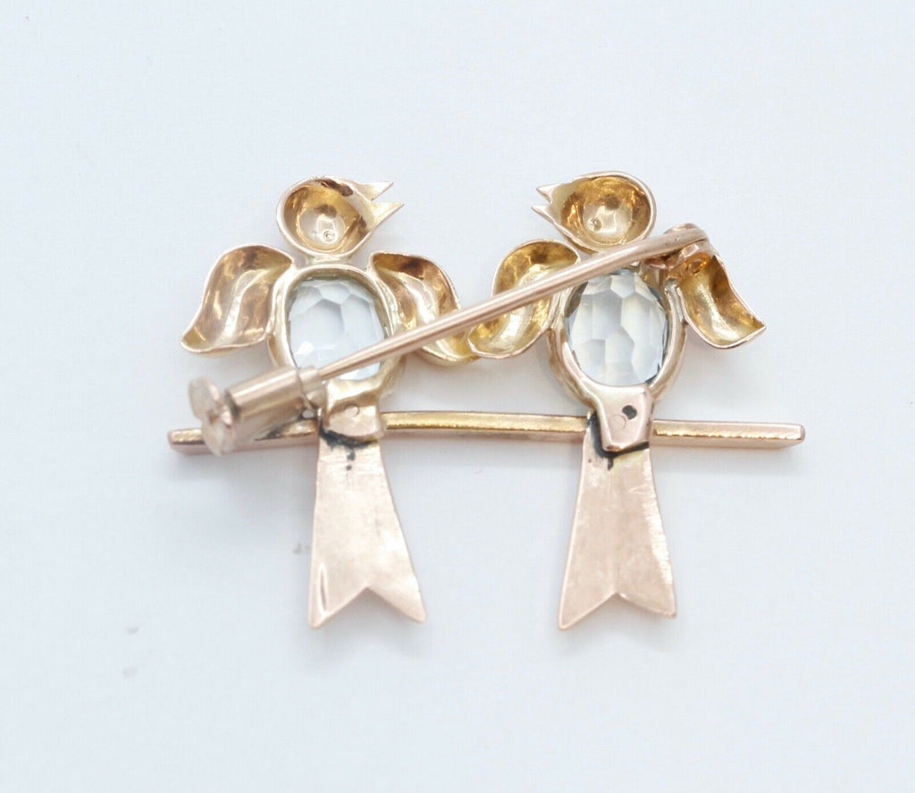 Vintage Lovebirds 18K Rose Gold Aquamarines Brooch Pin