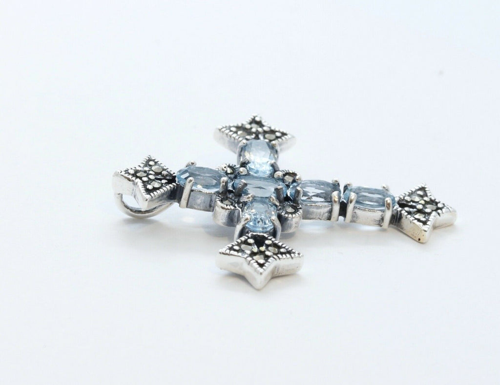 Navajo Synthetic Aquamarine Marcasite Sterling Silver Cross Pendant