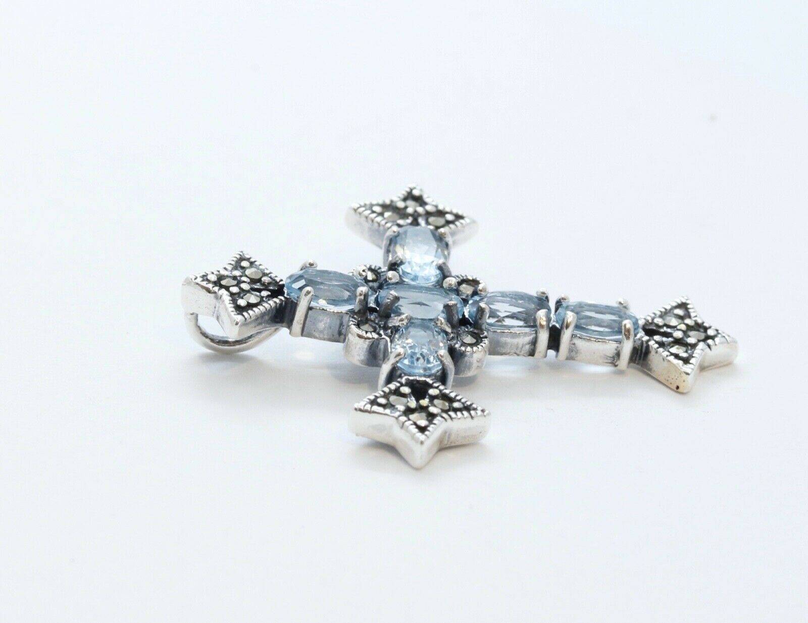 Navajo Synthetic Aquamarine Marcasite Sterling Silver Cross Pendant