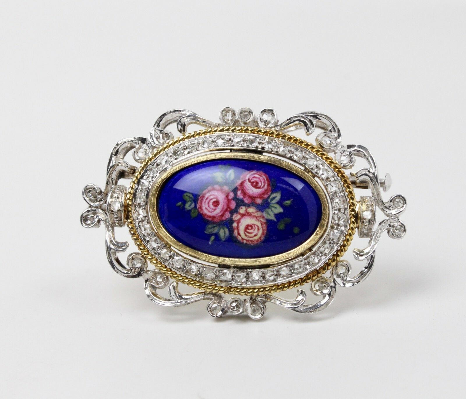Vintage 18K Yellow Gold Italian Floral Enamel Diamond Pendant Brooch