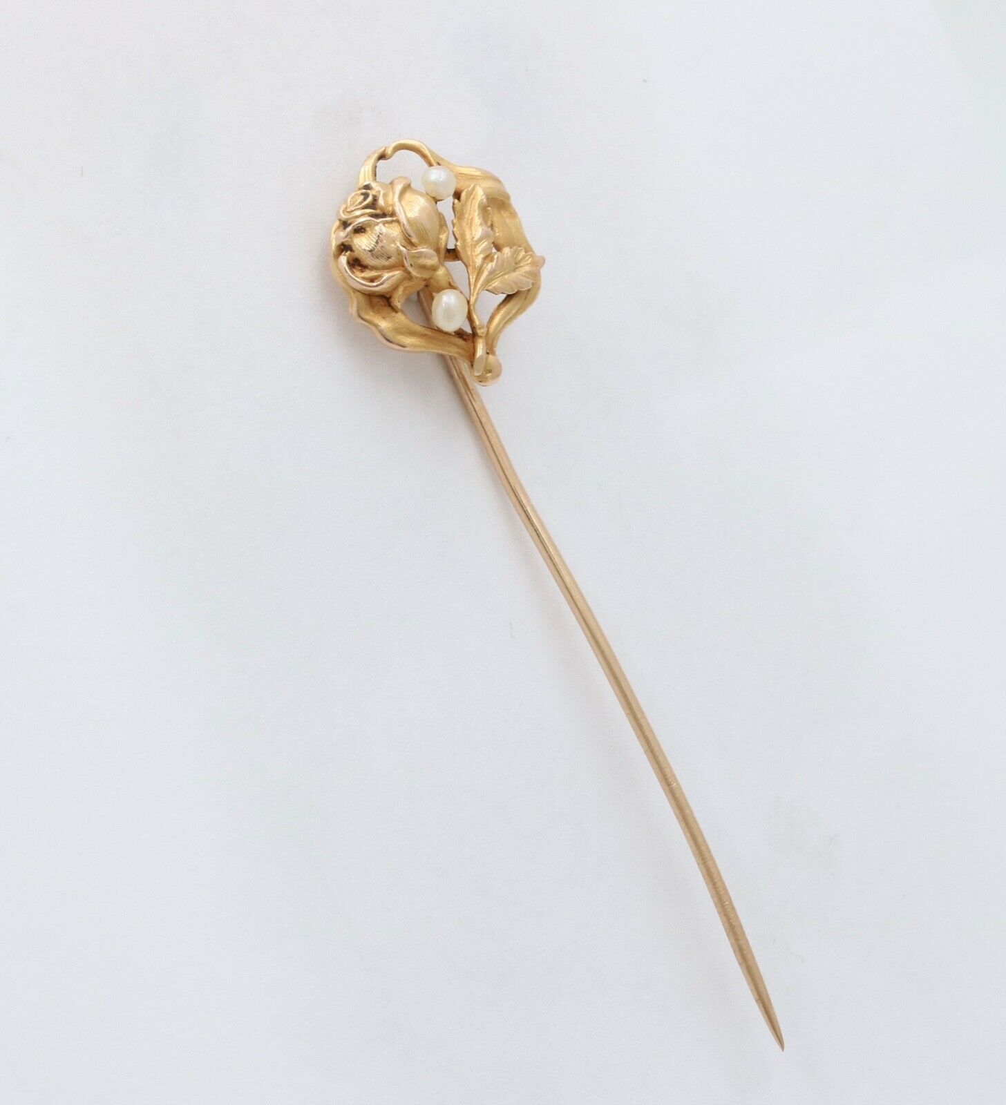 Antique Art Nouveau 10K Yellow Gold Seed Pearl Rose Stick Pin.
