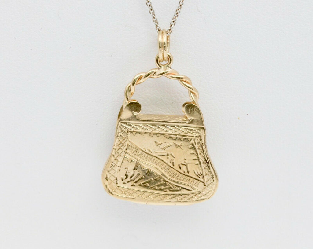 Vintage 14K Yellow Gold Enamel Opening Purse Pendant