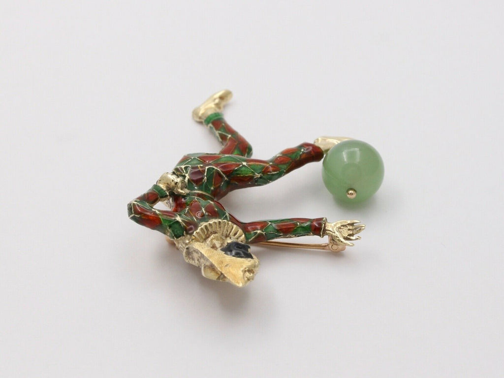 Vintage Unique Enamel Jester With Chrysoprase Ball Brooch, Pin.