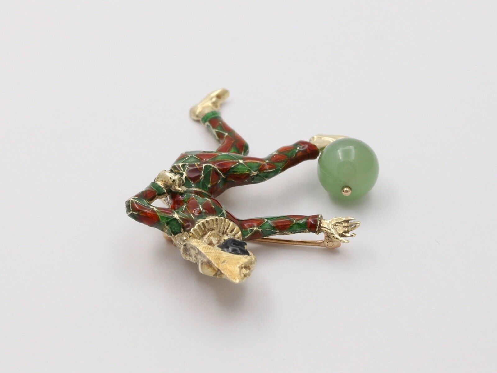 Vintage Unique Enamel Jester With Chrysoprase Ball Brooch, Pin.