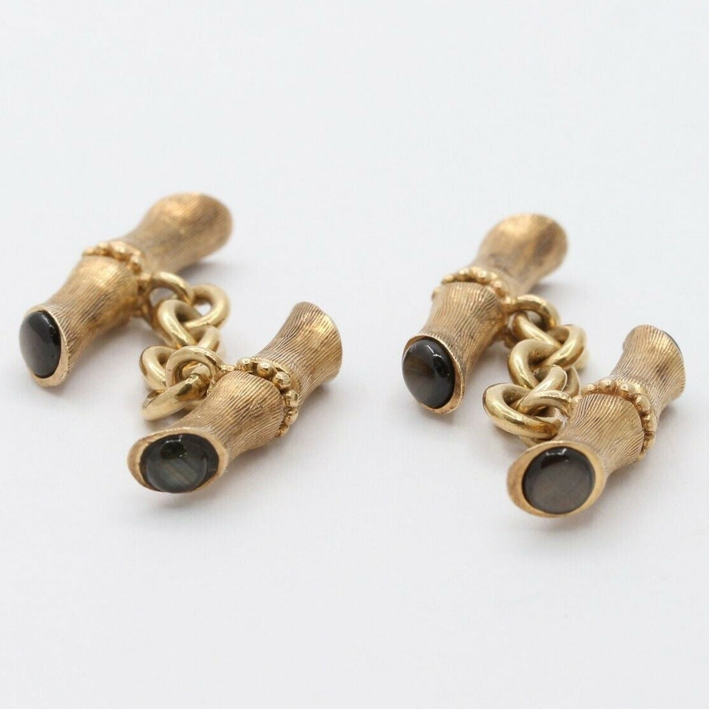Vintage 14K Yellow Gold  Bamboo Black Star Sapphires Cufflinks