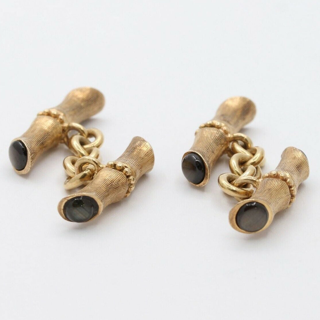 Vintage 14K Yellow Gold  Bamboo Black Star Sapphires Cufflinks