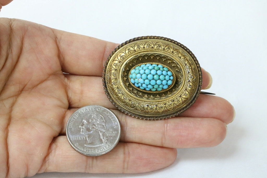 Victorian Etruscan Revival Momento More 9K Yellow Gold Turquoise Brooch Pin