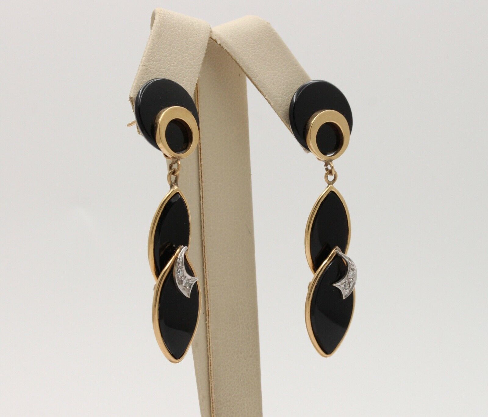 Vintage Funky Onyx 14K Yellow Gold Diamond Dangling Earrings, Drop Earrings.