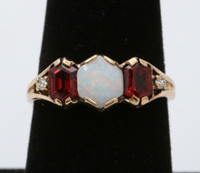 Load image into Gallery viewer, Vintage 10K Yellow Gold Opal, Garnet and Diamond Ring Band. Stacking Ring.
